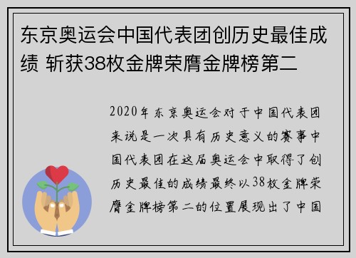 东京奥运会中国代表团创历史最佳成绩 斩获38枚金牌荣膺金牌榜第二