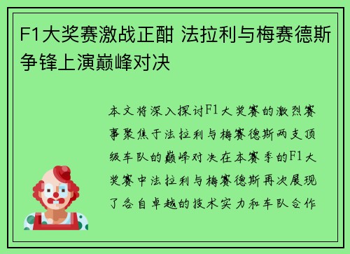 F1大奖赛激战正酣 法拉利与梅赛德斯争锋上演巅峰对决 F1大奖赛激战正酣 法拉利与梅赛德斯争锋上演巅峰对决