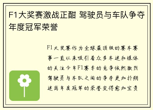 F1大奖赛激战正酣 驾驶员与车队争夺年度冠军荣誉