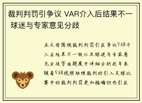 裁判判罚引争议 VAR介入后结果不一 球迷与专家意见分歧