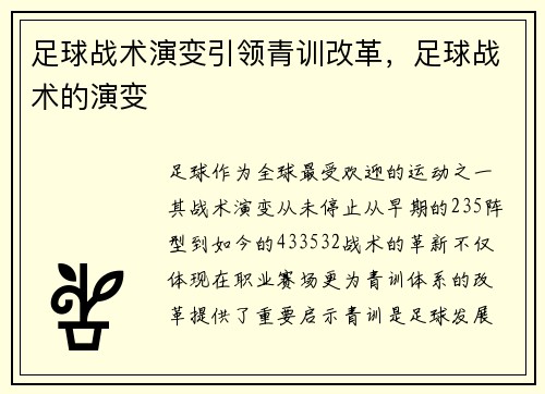 足球战术演变引领青训改革，足球战术的演变